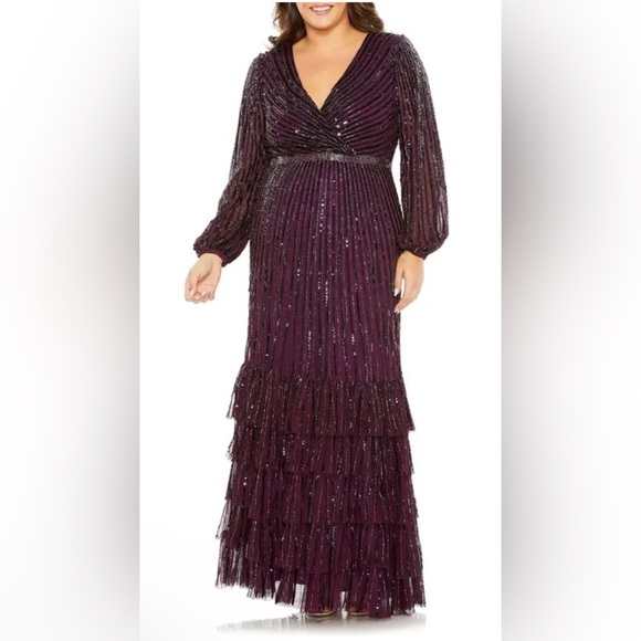 NWT Mac Duggal 5784 Deep Purple Plum Bishop Sleeve Ruffle Skirt Dress Size 20W - Picture 1 of 11